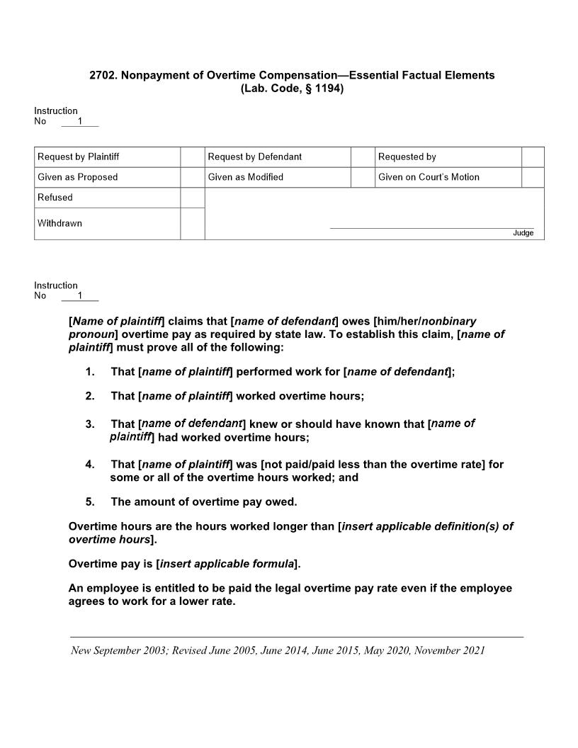 2702. Nonpayment Of Overtime Compensation - Essential Factual Elements | Pdf Doc Docx | Jury Instructions