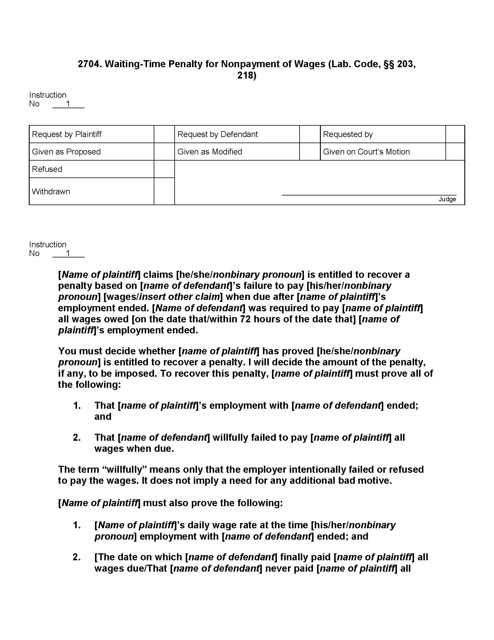 2704. Waiting-Time Penalty For Nonpayment Of Wages | Pdf Docx | Jury Instructions