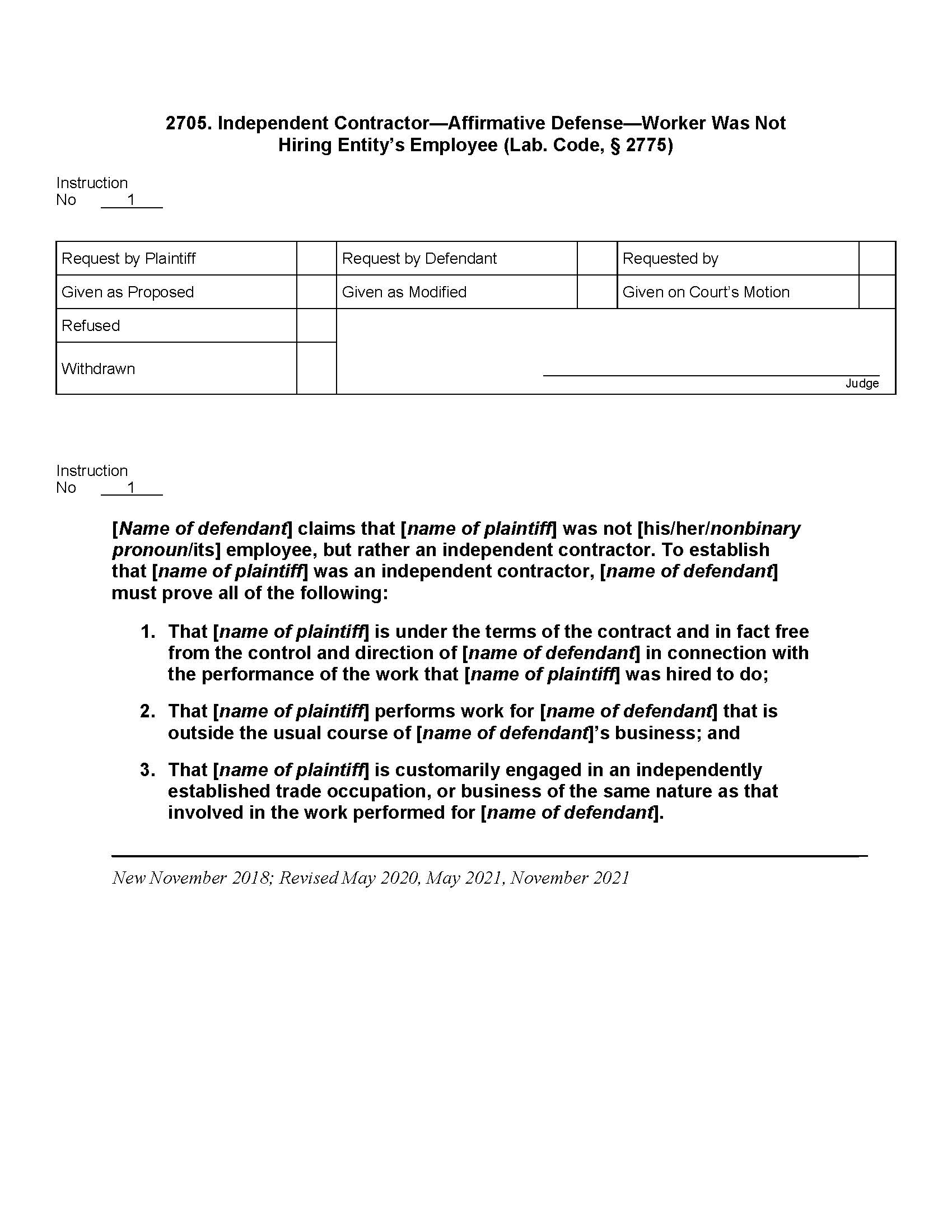 2705. Independent Contractor Affirmative Defense Worker Not Hiring Entitys Employee | Pdf Docx | Jury Instructions