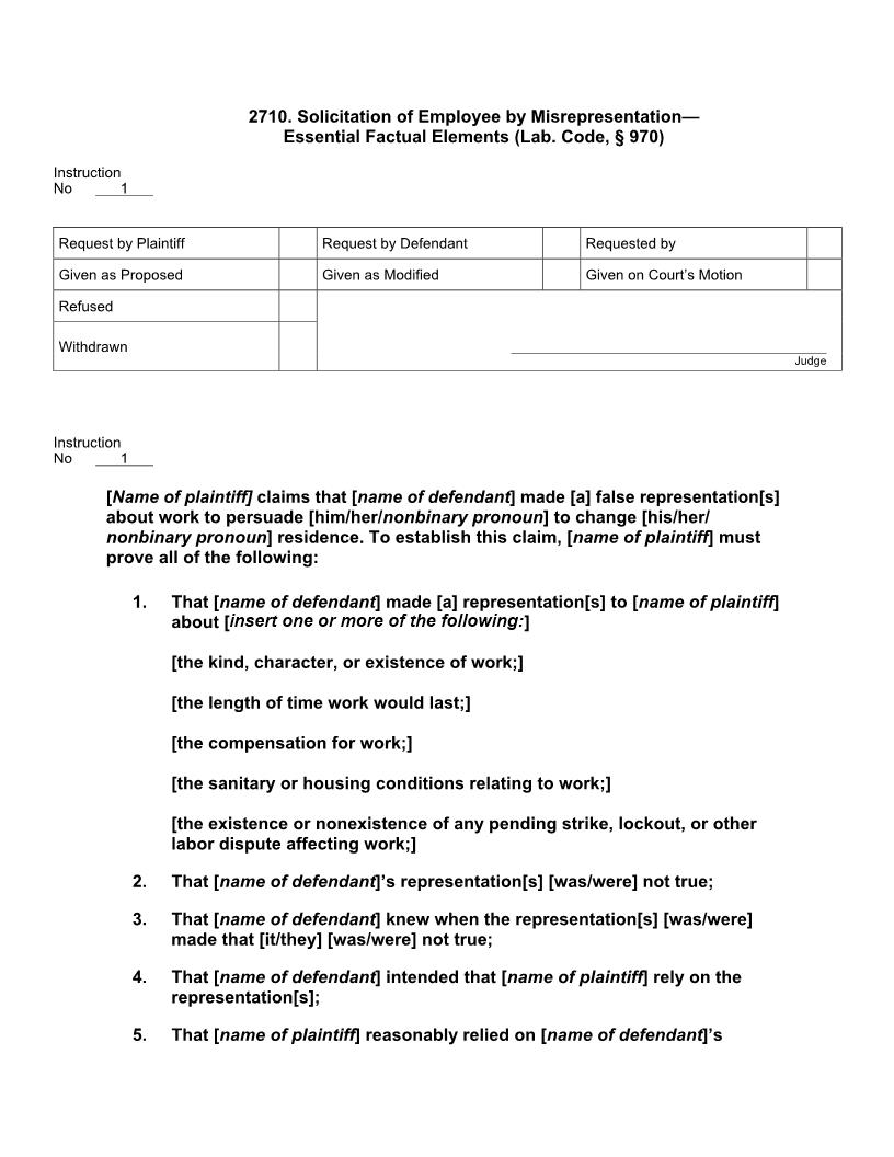 2710. Solicitation of Employee by Misrepresentation | Pdf Docx | Jury Instructions
