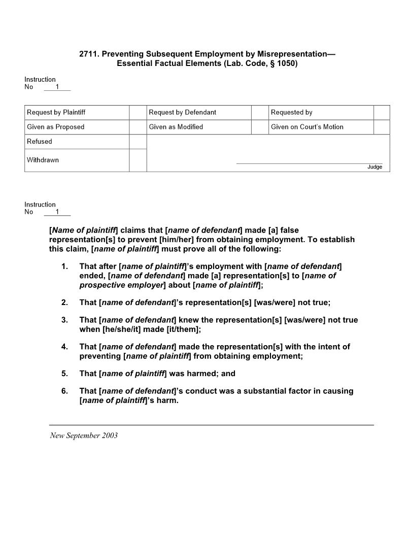 2711. Preventing Subsequent Employment By Misrepresentation - Essential Factual Elements | Pdf Docx | Jury Instructions