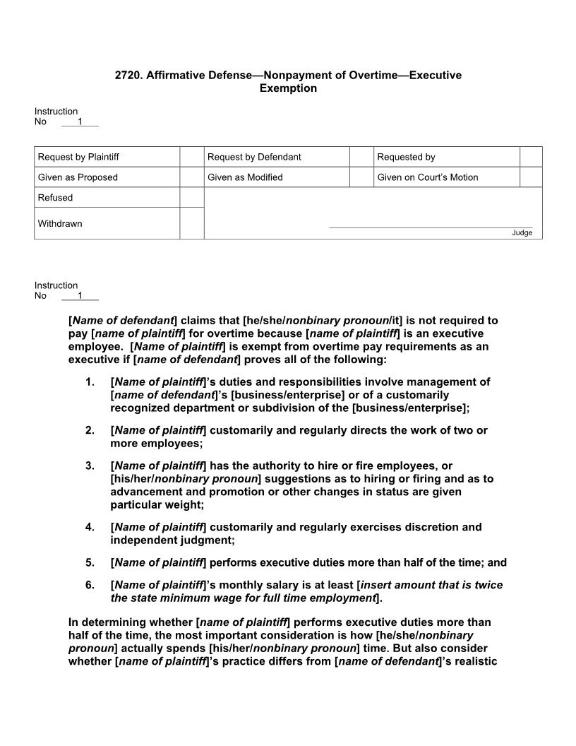 2720. Affirmative Defense Nonpayment of Overtime Executive Exemption | Pdf Docx | Jury Instructions