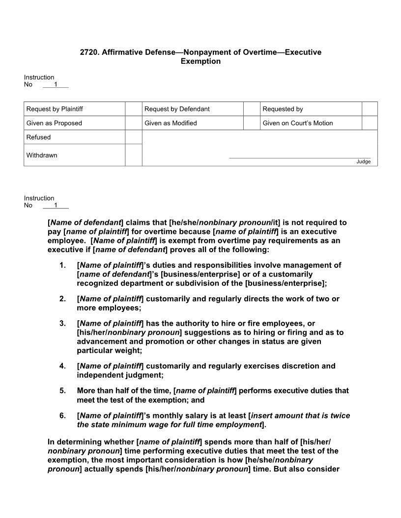 2720. Affirmative Defense Nonpayment of Overtime Executive Exemption | Pdf Docx | Jury Instructions