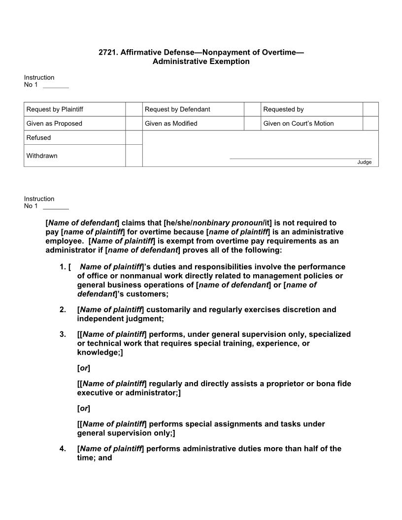 2721. Affirmative Defense Nonpayment of Overtime Administrative Exemption | Pdf Docx | Jury Instructions
