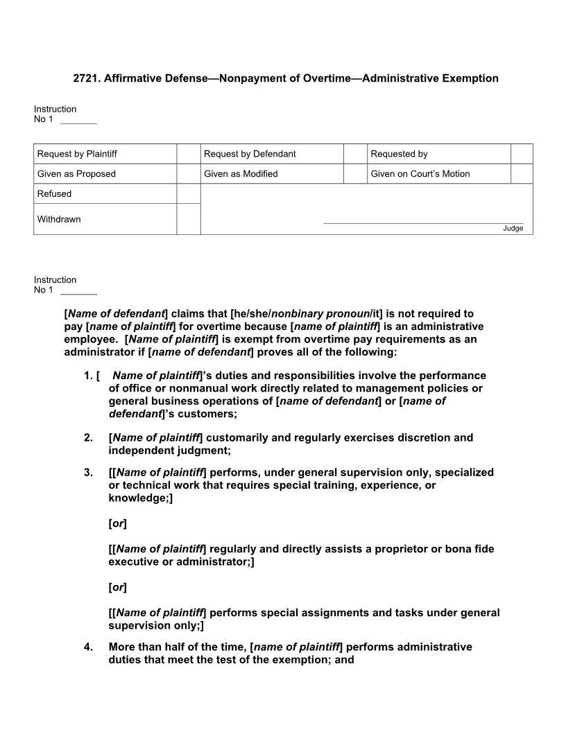 2721. Affirmative Defense Nonpayment of Overtime Administrative Exemption | Pdf Docx | Jury Instructions