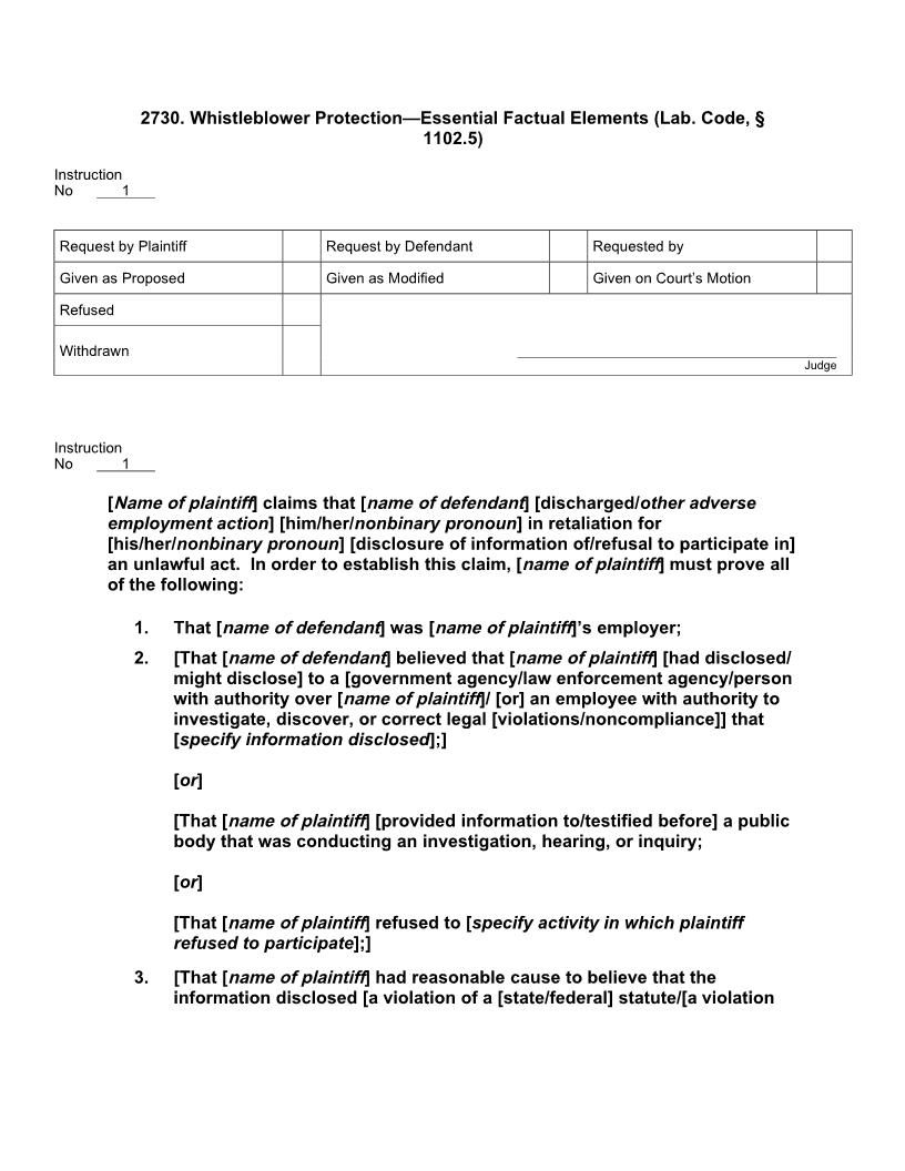 2730. Whistleblower Protection Essential Factual Elements (Lab. Code, § 1102.5) | Pdf Docx | Jury Instructions