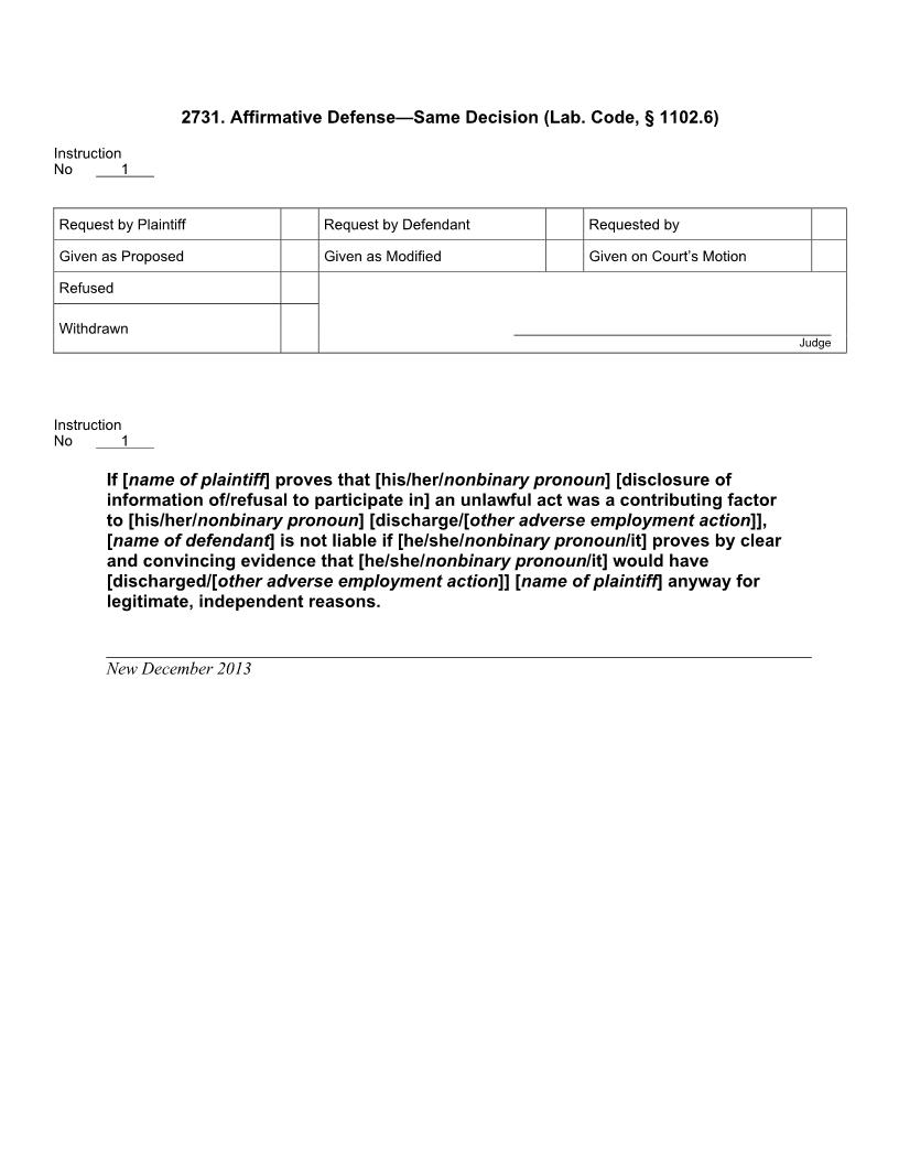 2731. Affirmative Defense Same Decision (Lab. Code, § 1102.6) | Pdf Docx | Jury Instructions