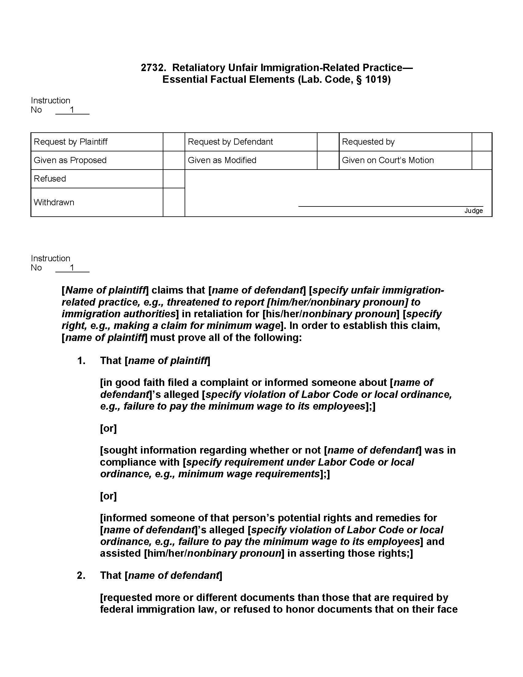 2732. Retaliatory Unfair Immigration - Related Practice Essential Factual Elements (Lab. Code, § 1019) | Pdf Docx | Jury Instructions