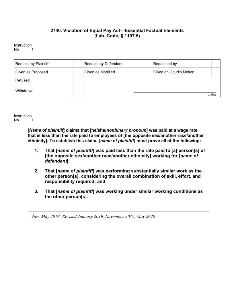 2740. Violation Of Equal Pay Act Essential Factual Elements (Lab. Code, § 1197.5) | Pdf Docx | Jury Instructions