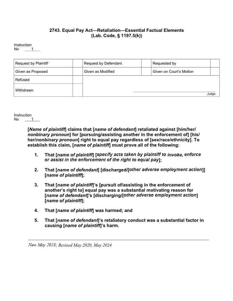 2743. Equal Pay Act - Retaliation - Essential Factual Elements (Lab. Code, § 1197.5(k)) | Pdf Docx | Jury Instructions