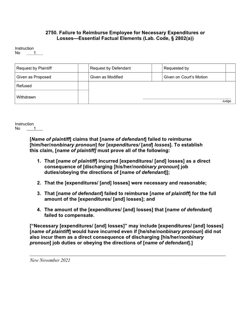 2750. Failure To Reimburse Employee Necessary Expenditures-Losses Essential Factual Elements | Pdf Docx | Jury Instructions