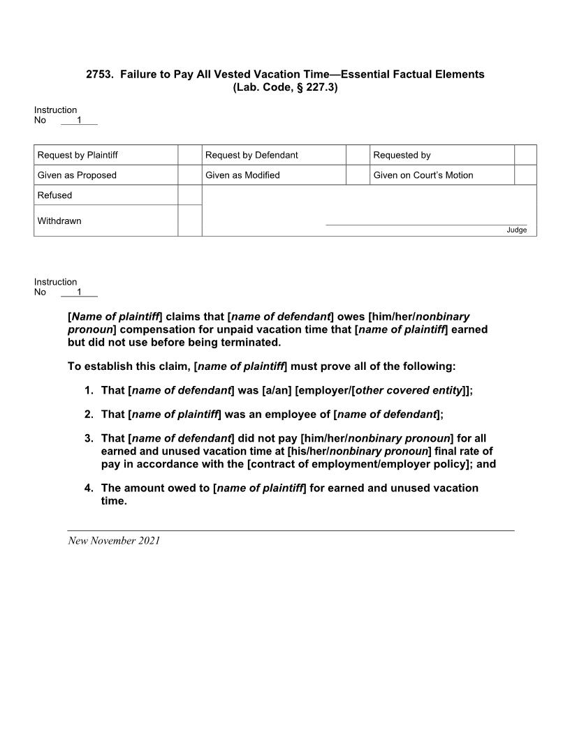 2753. Failure To Pay All Vested Vacation Time Essential Factual Elements | Pdf Docx | Jury Instructions