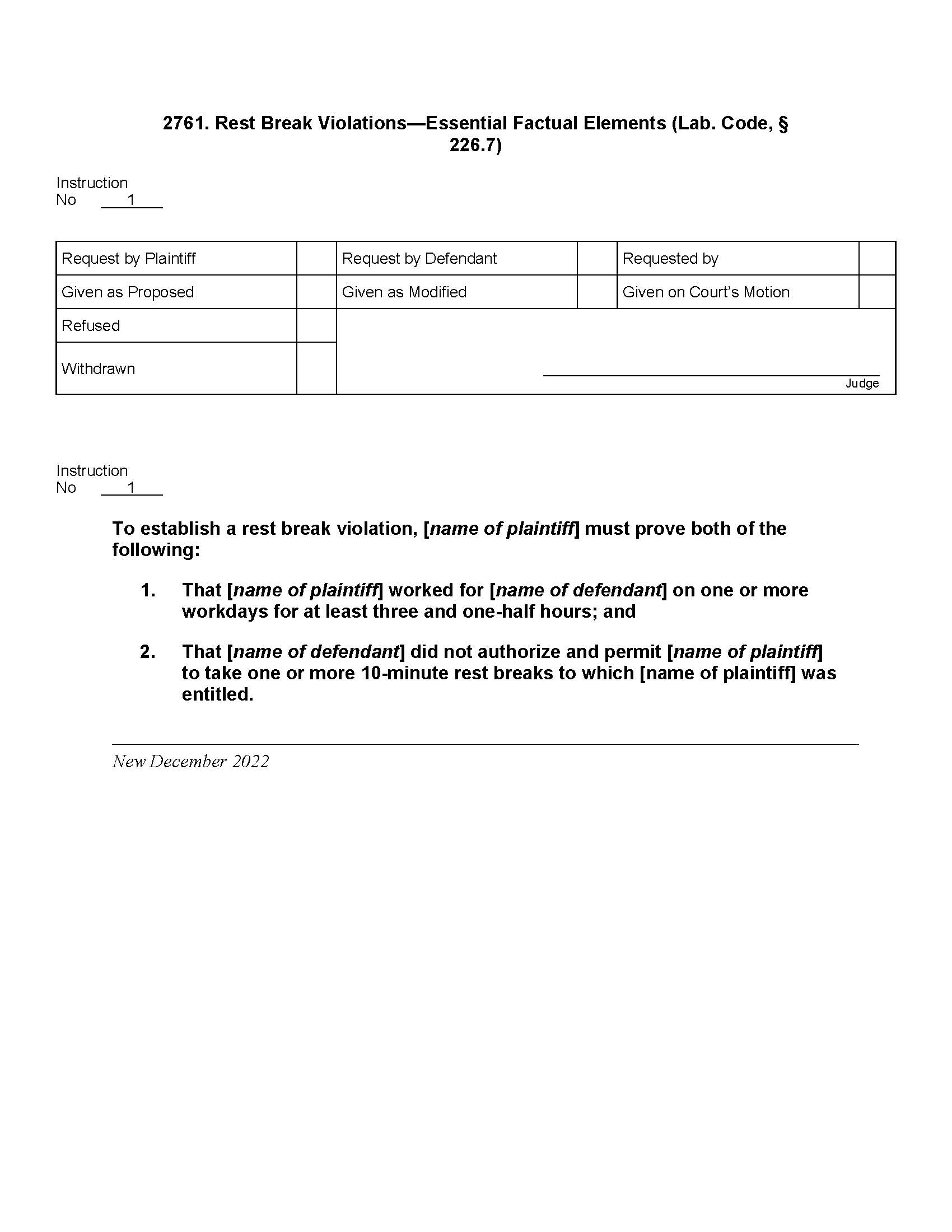 2761. Rest Break Violations Essential Factual Elements (Lab. Code, § 226.7) | Pdf Docx | Jury Instructions