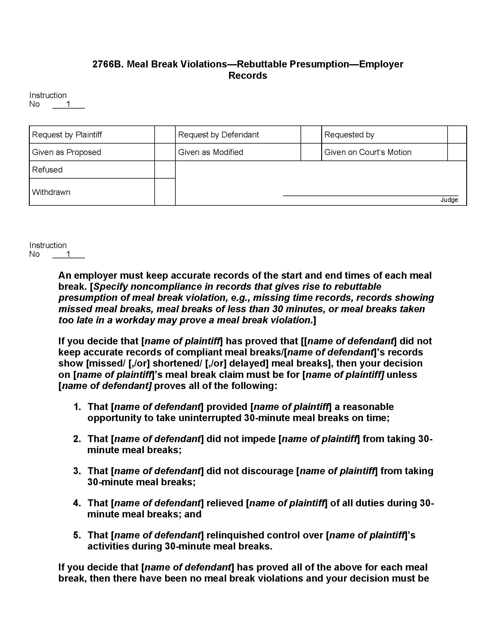 2766B. Meal Break Violations Rebuttable Presumption Employer Records | Pdf Docx | Jury Instructions