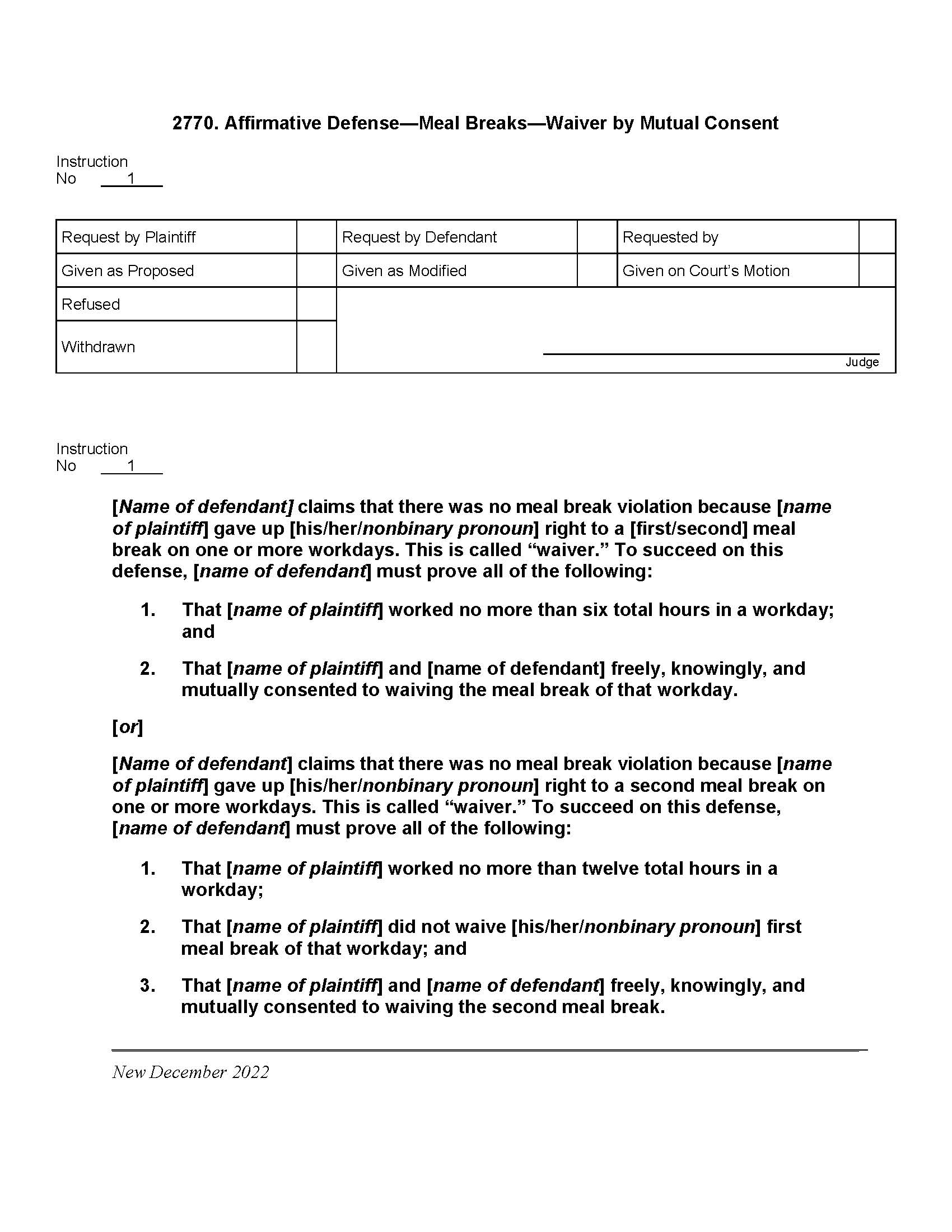 2770. Affirmative Defense Meal Breaks Waiver by Mutual Consent | Pdf Docx | Jury Instructions