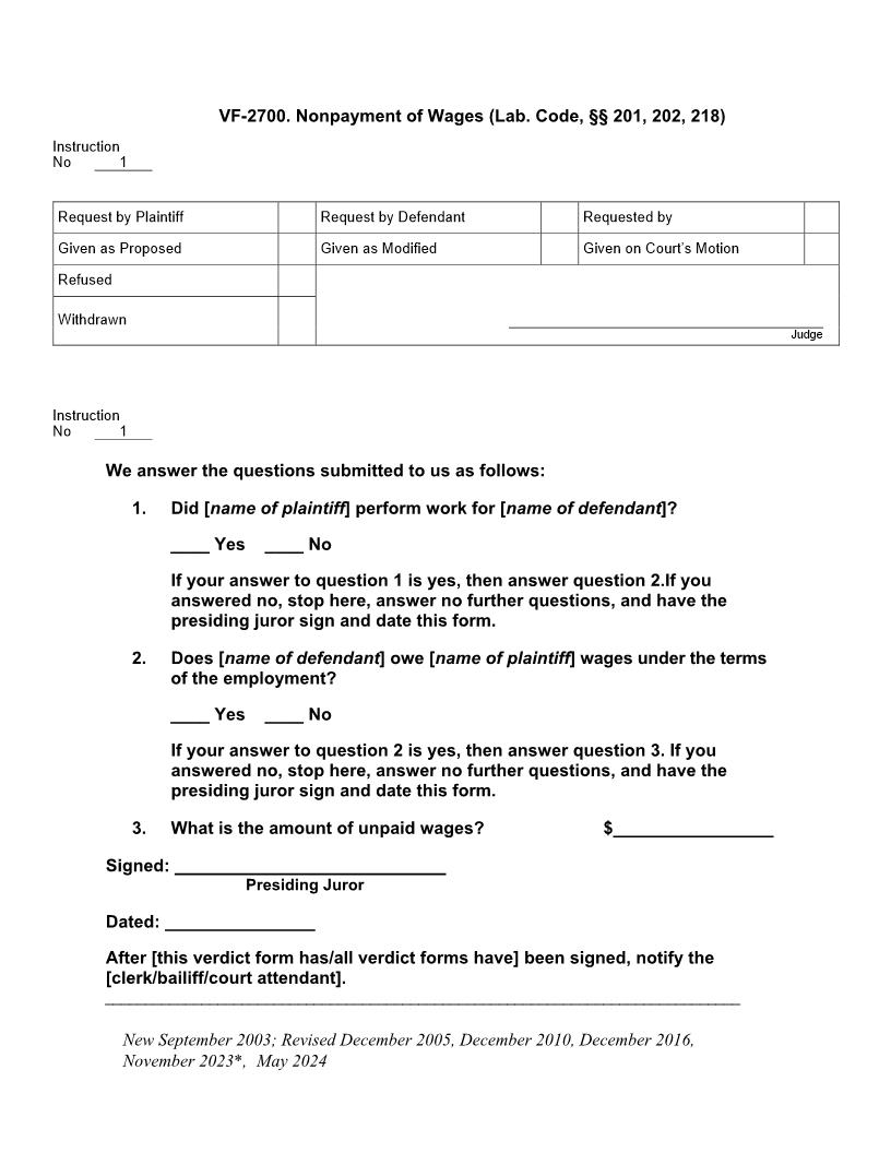 VF 2700. Nonpayment Of Wages (Lab. Code, §§ 201, 202, 218) | Pdf Docx | Jury Instructions