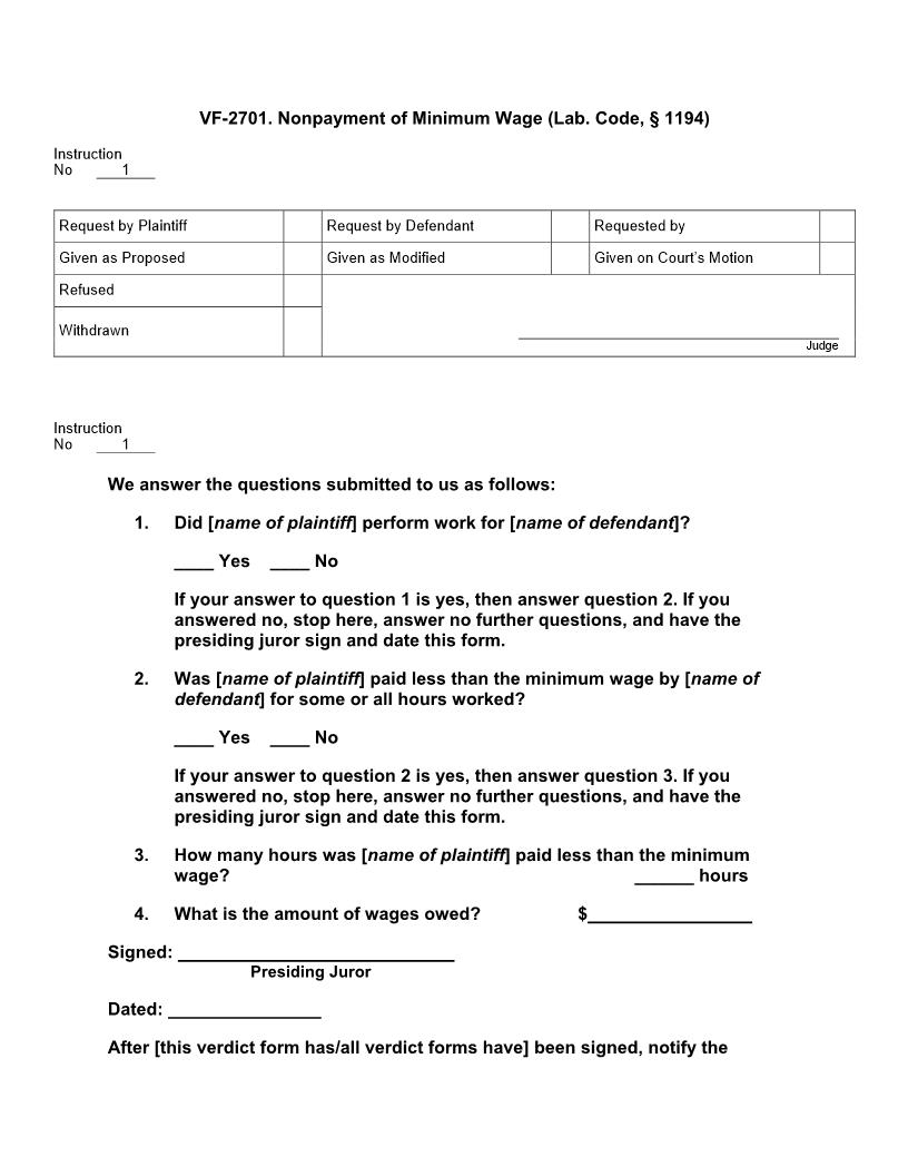 VF 2701. Nonpayment of Minimum Wage (Lab. Code, § 1194) | Pdf Docx | Jury Instructions