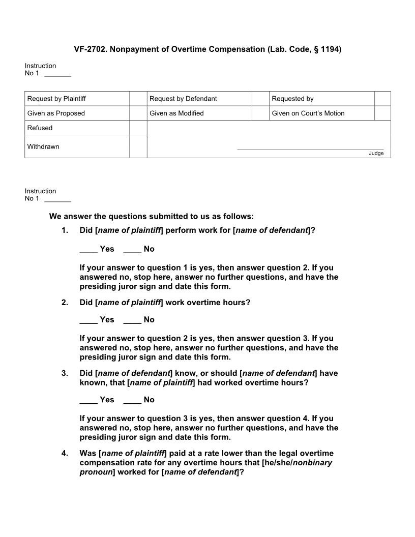 VF 2702. Nonpayment of Overtime Compensation (Lab. Code, § 1194) | Pdf Docx | Jury Instructions