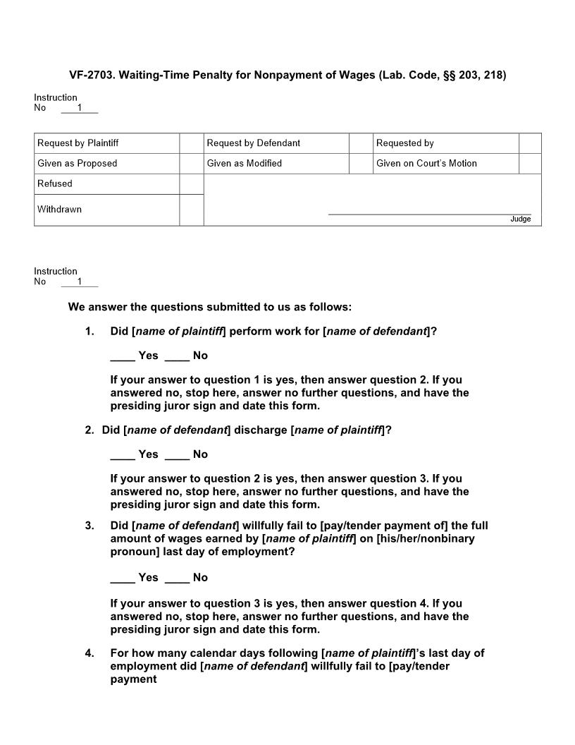 VF 2703. Waiting-Time Penalty For Nonpayment Of Wages (Lab. Code, §§ 203, 218) | Pdf Docx | Jury Instructions