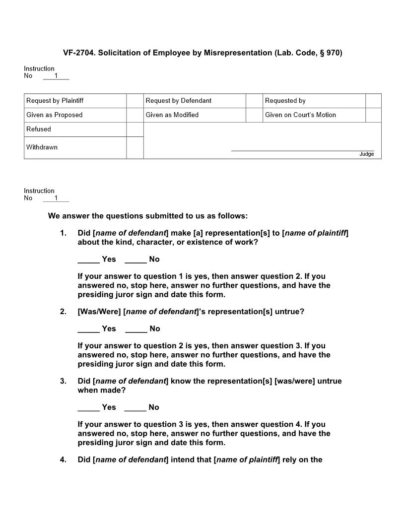 VF 2704. Solicitation Of Employee By Misrepresentation (Lab. Code, § 970) | Pdf Docx | Jury Instructions