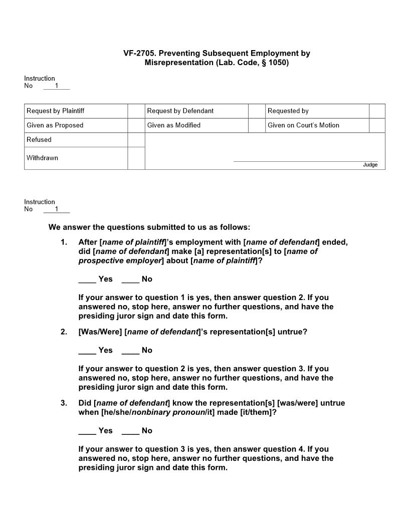 VF 2705. Preventing Subsequent Employment By Misrepresentation (Lab. Code, § 1050) | Pdf Docx | Jury Instructions