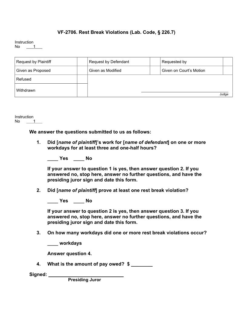 VF 2706. Rest Break Violations (Lab. Code, § 226.7) | Pdf Docx | Jury Instructions