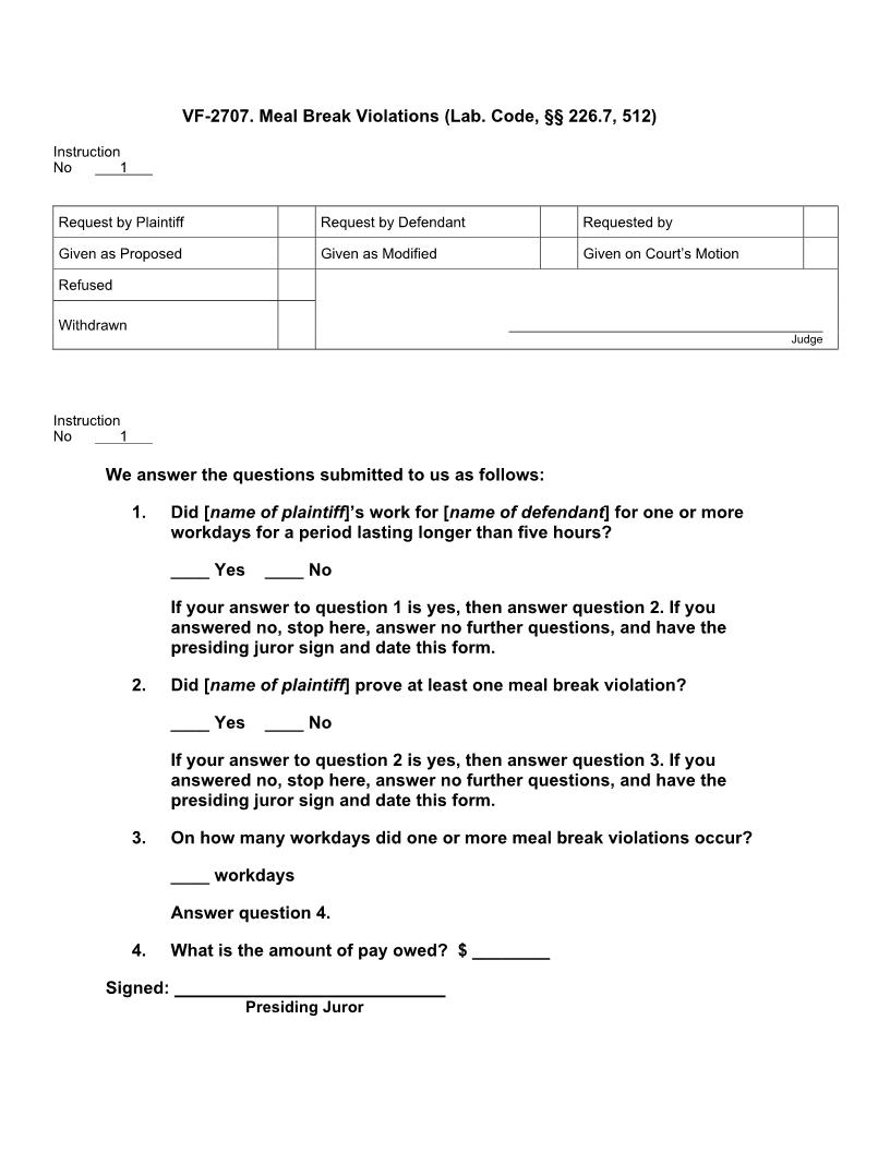VF 2707.  Meal Break Violations (Lab. Code, §§ 226.7, 512) | Pdf Docx | Jury Instructions