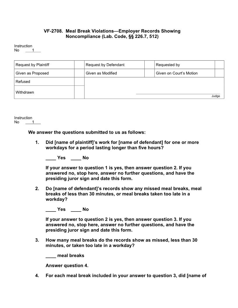 VF 2708. Meal Break Violations Employer Records Showing Noncompliance | Pdf Docx | Jury Instructions