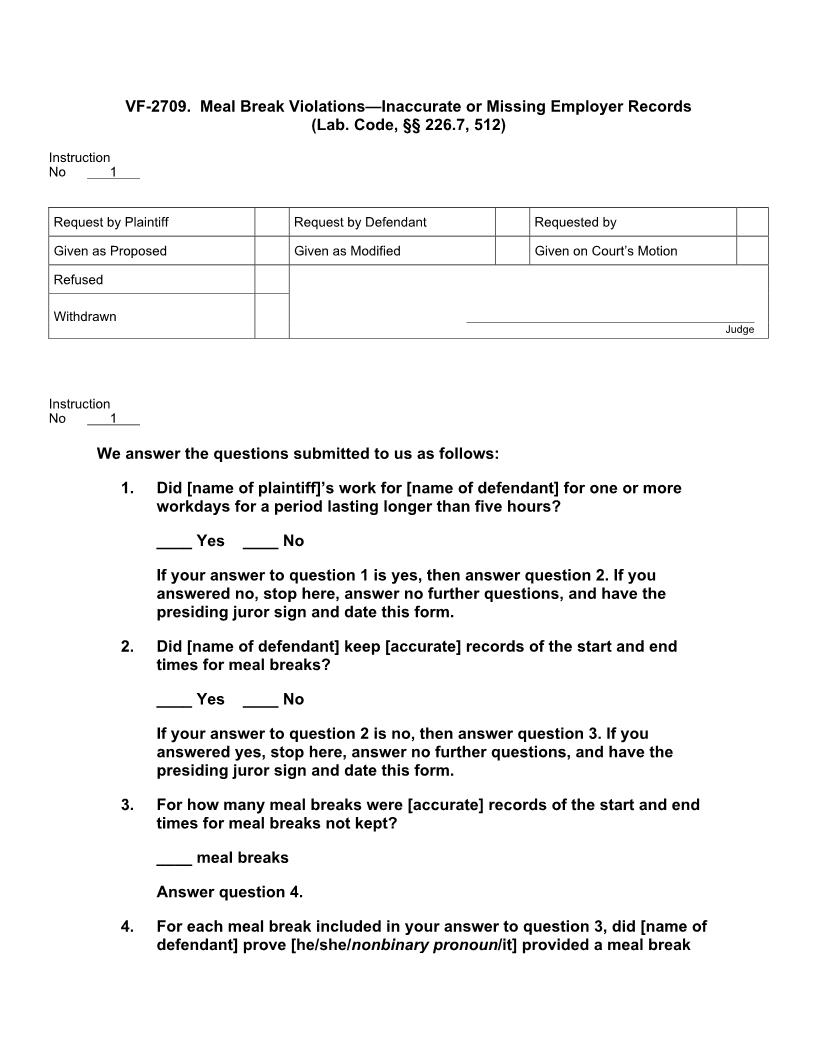 VF 2709.  Meal Break Violations Inaccurate or Missing Employer Records | Pdf Docx | Jury Instructions