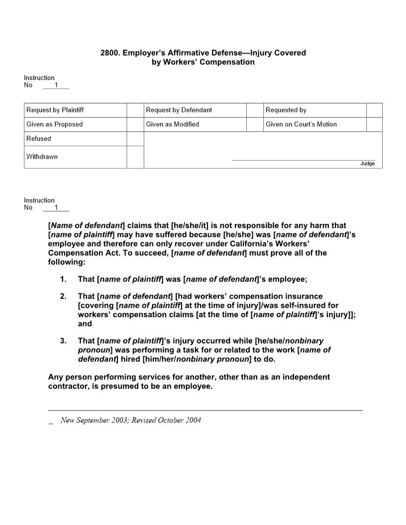 2800. Employers Affirmative Defense Injury Covered by Workers Compensation | Pdf Docx | Jury Instructions