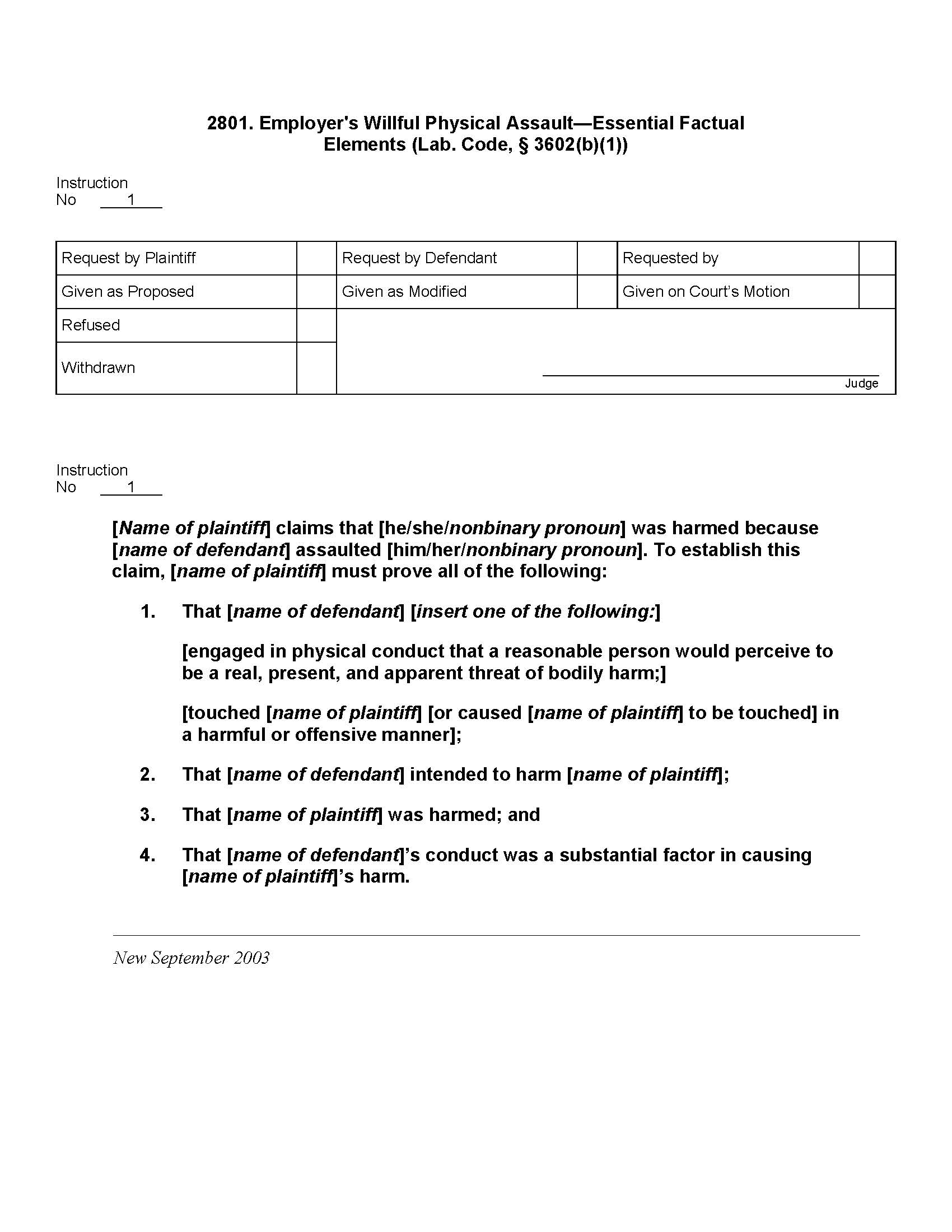 2801. Employers Willful Physical Assault Essential Factual Elements | Pdf Doc Docx | Jury Instructions