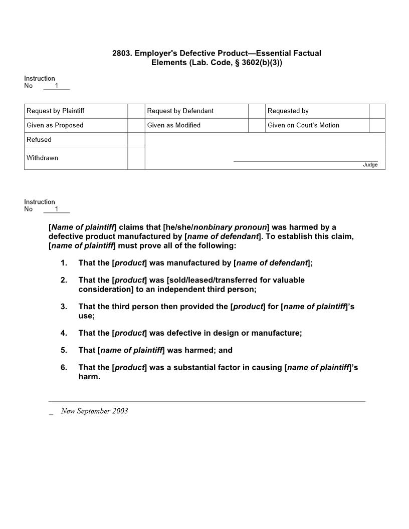 2803. Employers Defective Product (Lab. Code, § 3602(b)(3)) Essential Factual Elements | Pdf Doc Docx | Jury Instructions