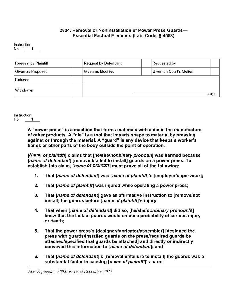 2804. Removal or Noninstallation of Power Press Guards (Lab. Code, § 4558) Essential Factual Elements | Pdf Doc Docx | Jury Instructions