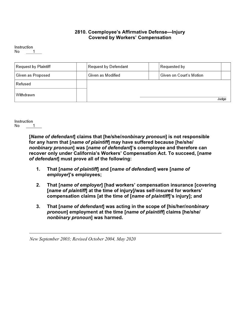 2810. Coemployees Affirmative Defense Injury Covered by Workers Compensation | Pdf Doc Docx | Jury Instructions