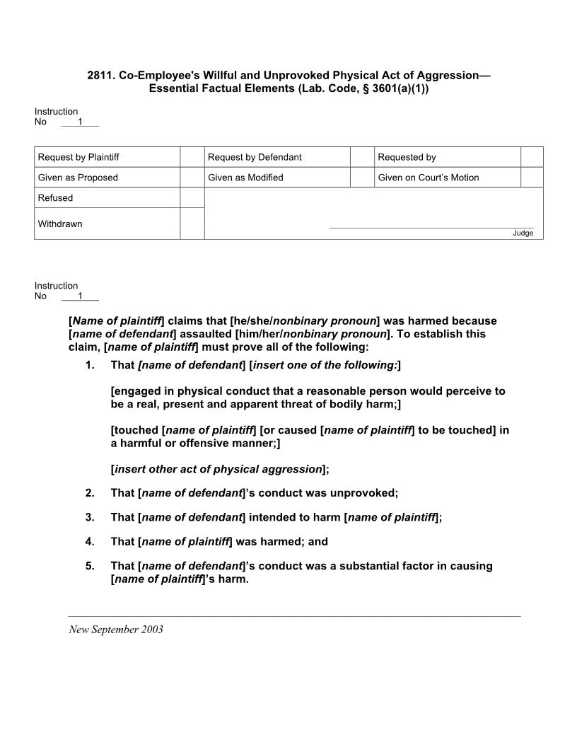 2811. Co-Employees Willful Unprovoked Physical Act Of Aggression Essential Factual Elements | Pdf Doc Docx | Jury Instructions