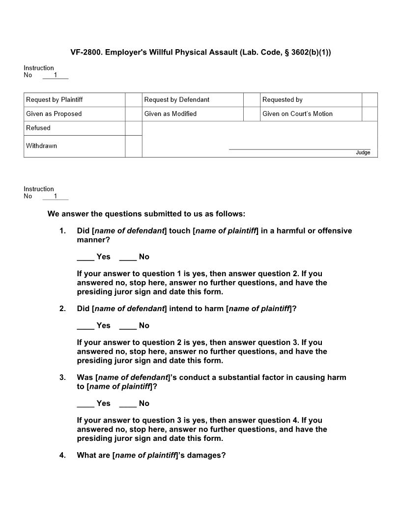 VF 2800. Employers Willful Physical Assault (Lab. Code, § 3602(b)(1)) | Pdf Doc Docx | Jury Instructions