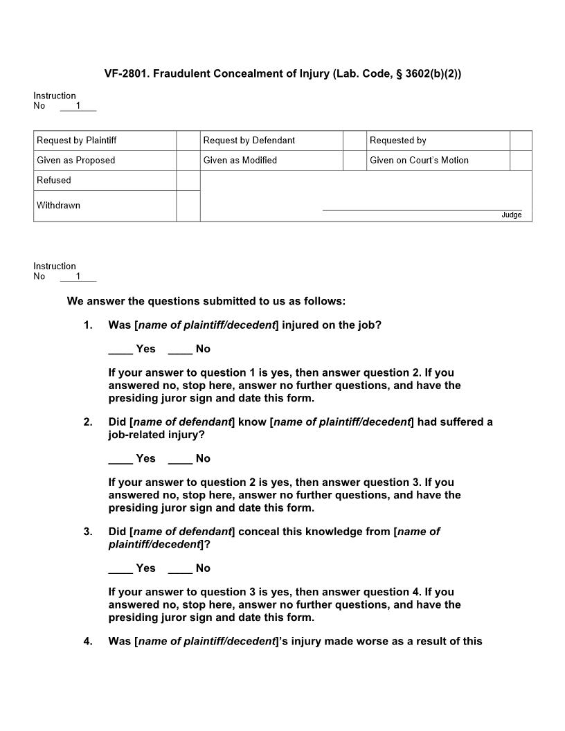 VF 2801. Fraudulent Concealment of Injury (Lab. Code, § 3602(b)(2)) | Pdf Doc Docx | Jury Instructions