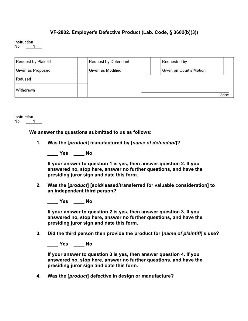 VF 2802. Employers Defective Product (Lab. Code, § 3602(b)(3)) | Pdf Doc Docx | Jury Instructions