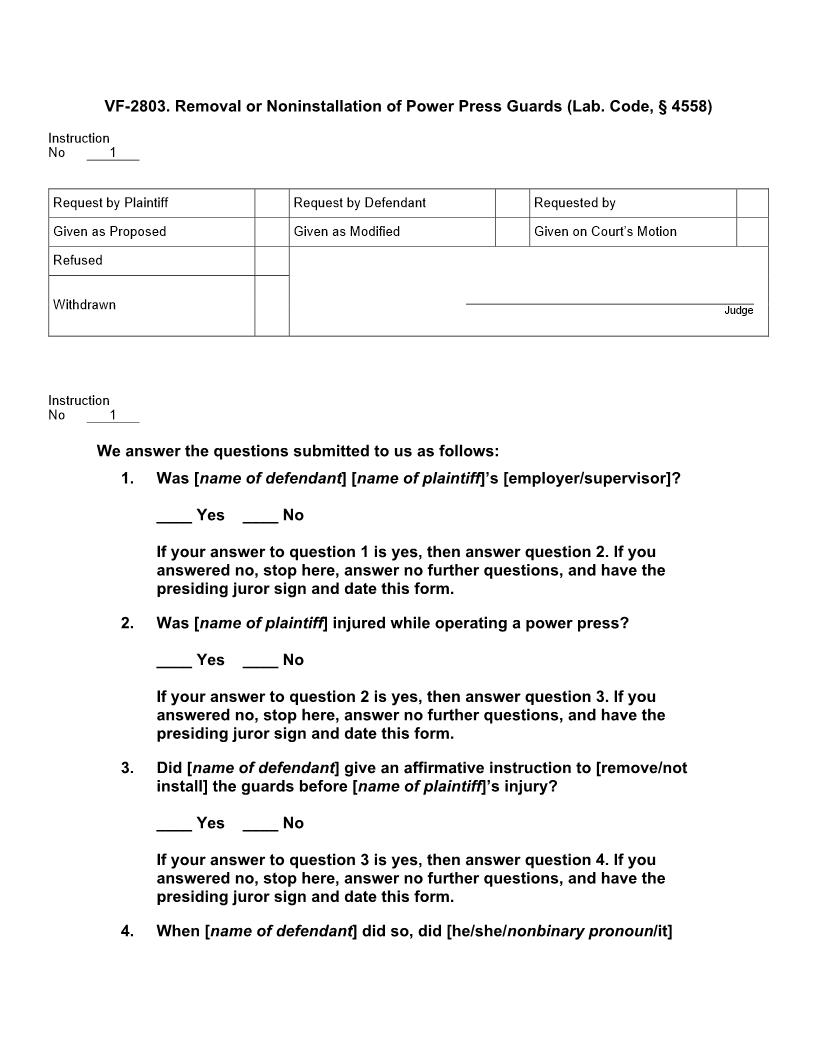 VF 2803. Removal or Noninstallation of Power Press Guards (Lab. Code, § 4558) | Pdf Doc Docx | Jury Instructions