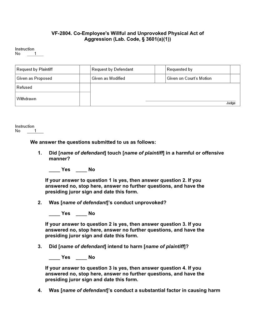 VF 2804. Co-Employees Willful and Unprovoked Physical Act of Aggression (Lab. Code, § 3601(a)(1)) | Pdf Doc Docx | Jury Instructions