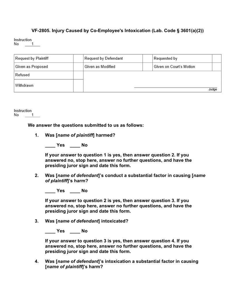 VF 2805. Injury Caused by Co-Employees Intoxication (Lab. Code § 3601(a)(2)) | Pdf Doc Docx | Jury Instructions