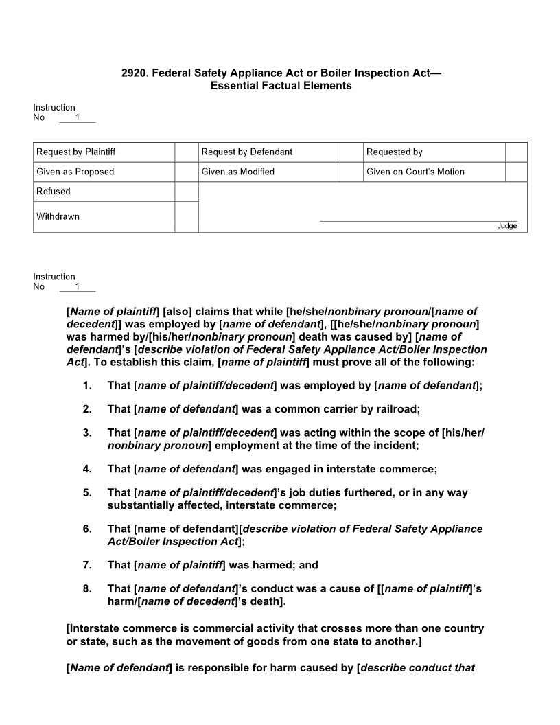 2920. Federal Safety Appliance Act or Boiler Inspection Act Essential Factual Elements | Pdf Docx | Jury Instructions