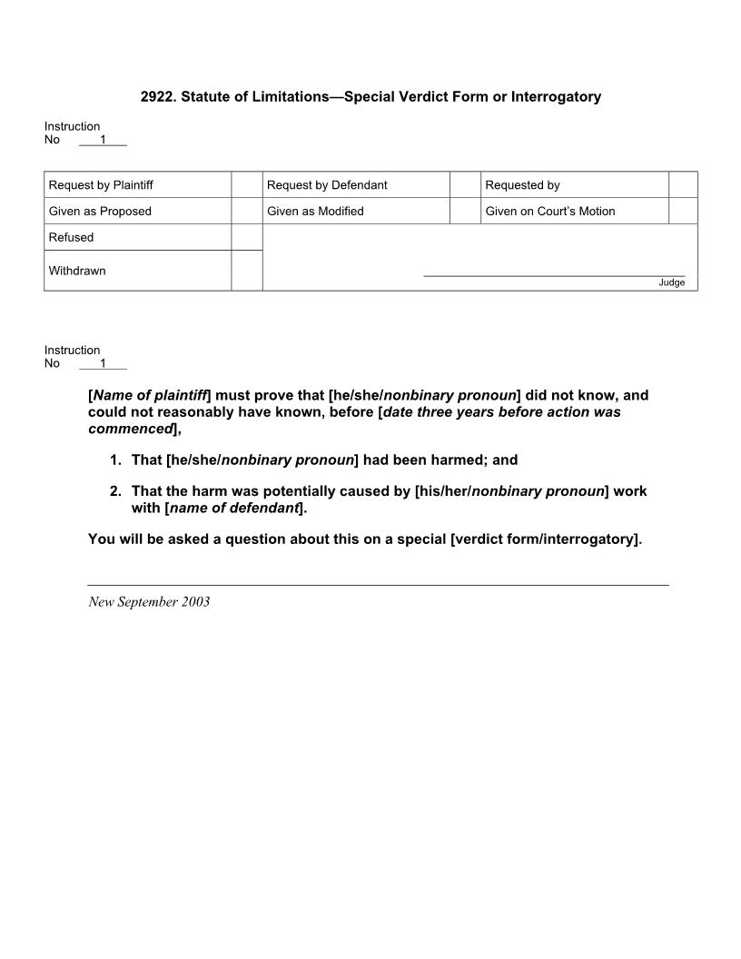 2922. Statute of Limitations Special Verdict Form or Interrogatory | Pdf Docx | Jury Instructions