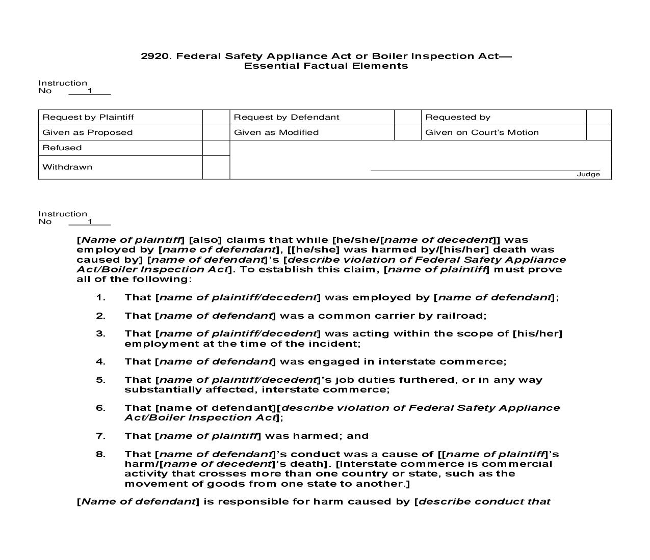 2920. Federal Safety Appliance Act or Boiler Inspection Act Essential Factual Elements | Pdf Doc Docx | Jury Instructions