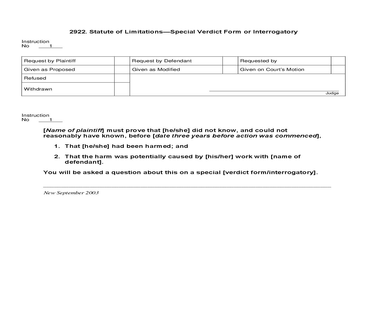 2922. Statute of Limitations Special Verdict Form or Interrogatory | Pdf Doc Docx | Jury Instructions