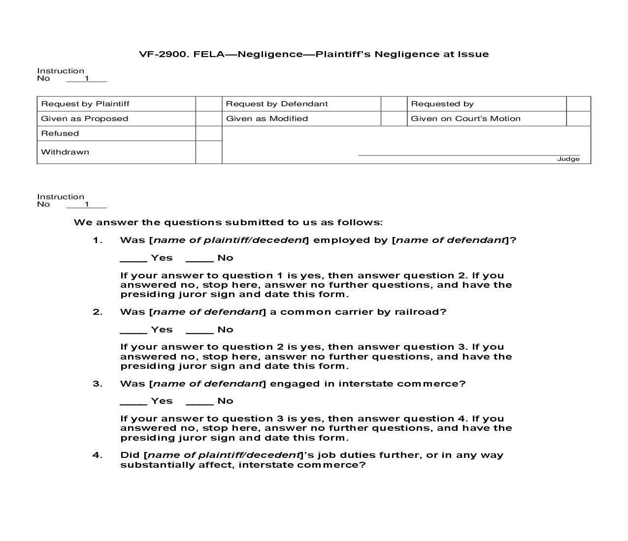 VF-2900. FELA Negligence Plaintiffs Negligence at Issue | Pdf Doc Docx | Jury Instructions