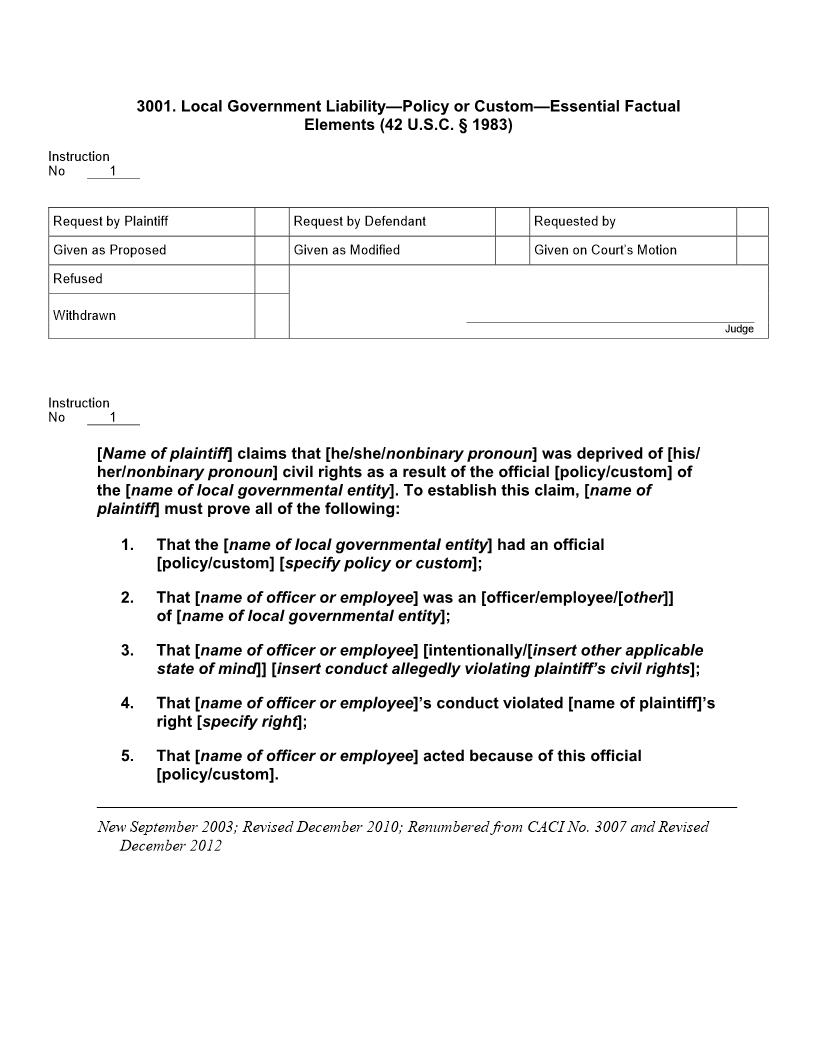 3001. Local Government Liability Policy Or Custom Essential Factual Elements | Pdf Doc Docx | Jury Instructions