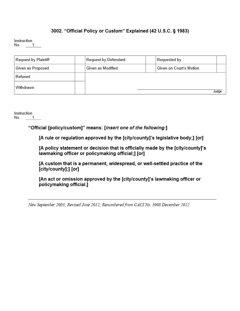 3002. Official Policy or Custom Explained (42 U.S.C. § 1983) | Pdf Doc Docx | Jury Instructions