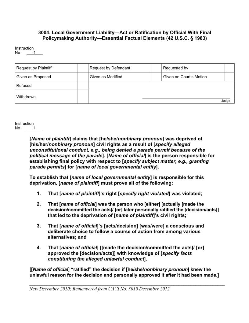 3004. Local Govt Liability Act By Official With Final Authority Essential Factual Elements | Pdf Doc Docx | Jury Instructions