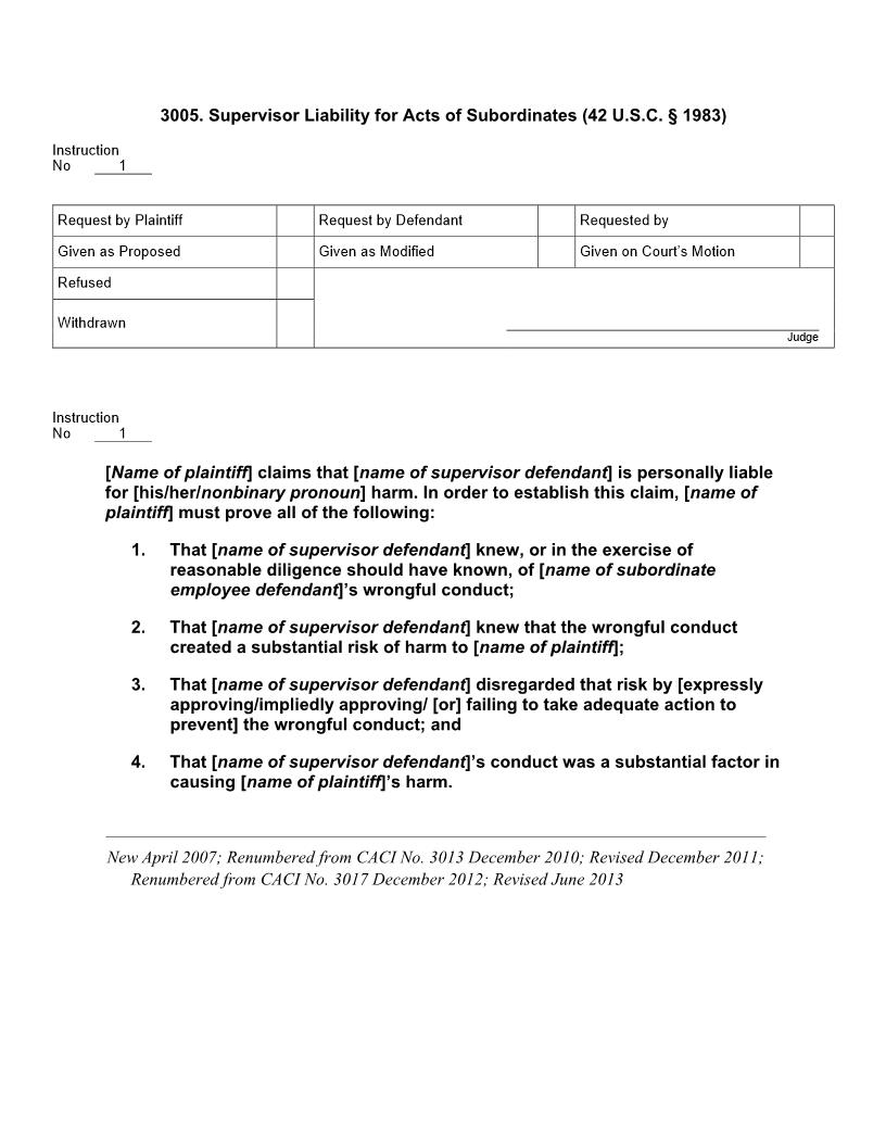 3005. Supervisor Liability for Acts of Subordinates (42 U.S.C. § 1983) | Pdf Doc Docx | Jury Instructions